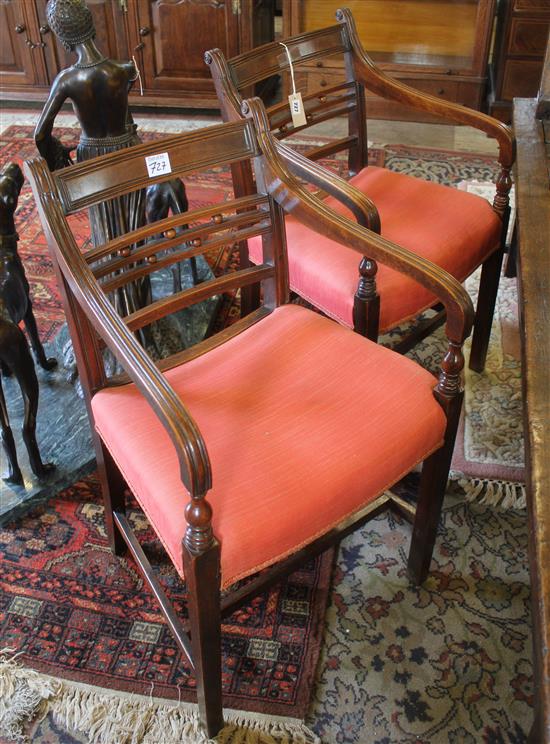 Pair of Regency mahogany open arm elbow chairs